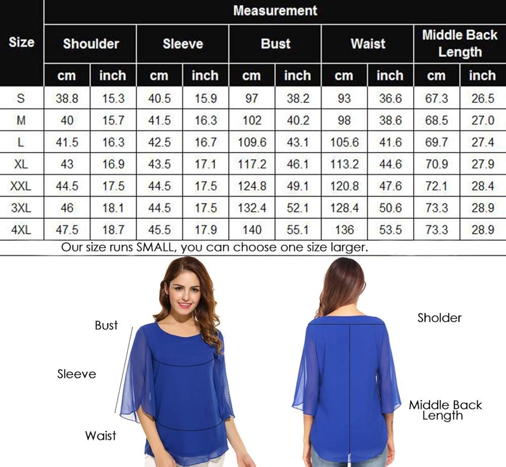 ACEVOG Womens Casual Scoop Neck Loose Top 3/4 Sleeve Chiffon Blouse Shirt Tops: Clothing