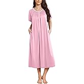 Ekouaer Long Nightgowns for Women Short Sleeve Sleepshirt Button Sleep Dress with Pockets