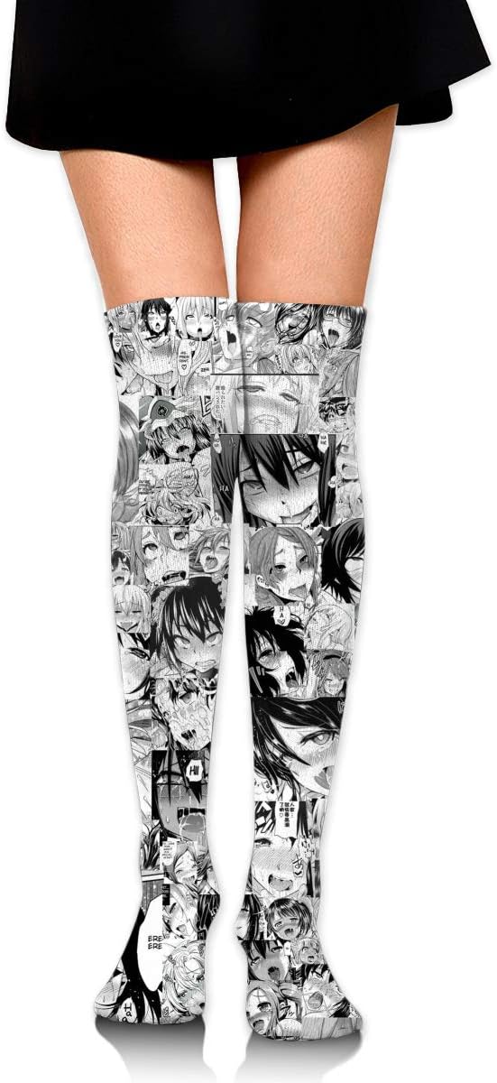 Knee High Tube Socks For Girls, Women's Cute Ahegao Prints Over Thigh High Long Stockings