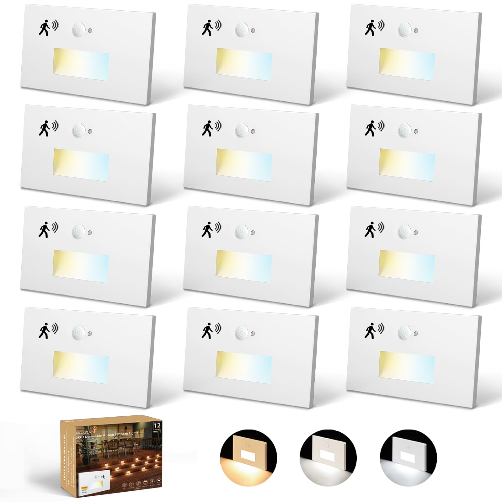 Photo 1 of Poxran 12 Pack Motion Sensor LED Step Lights, 3CCT Adjustable 3000K/4000K/6000K Stair Lights, 4W 300LM Dimmable Staircase Lighting, IP65 Waterproof for Indoor Outdoor, 120V Hardwired, ETL, White