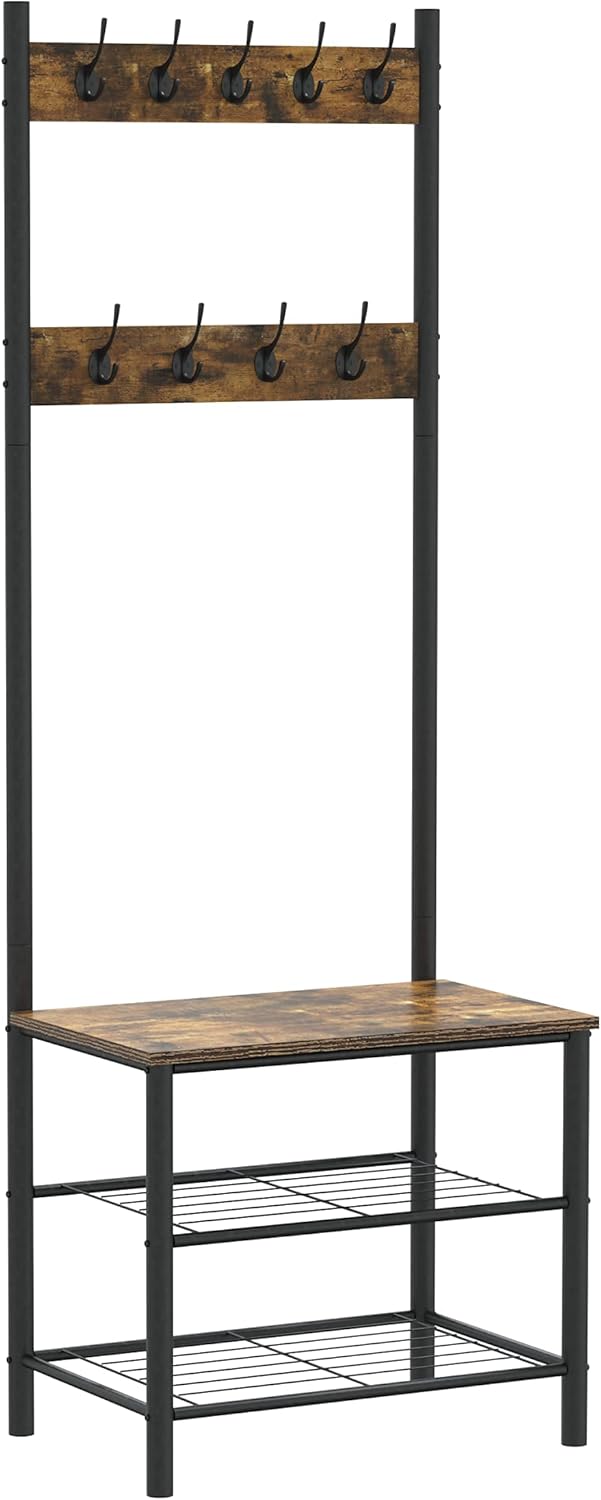 Gadroad Coat Rack, Shoe Bench, 3-in-1 Entryway Hall Tree with Storage Shelf and 9 Hooks, Accent Furniture with Metal Frame, Rustic Brown and Black: Home Improvement