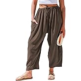 TARSE Womens Linen Wide Leg Pants Casual Loose Drawstring Summer Beach Travel Vacation Palazzo Harem Pants with Pockets