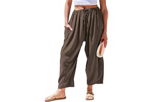 TARSE Womens Linen Wide Leg Pants Casual Loose Drawstring Low Waist Beach Palazzo Harem Pants with Pockets