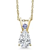 Gem Stone King 14K Yellow Gold White Moissanite and Blue Tanzanite Pendant Necklace for Women | 0.70 Cttw | Gemstone Birthstone | Pear Shape 7X5MM | With 18 Inch Chain