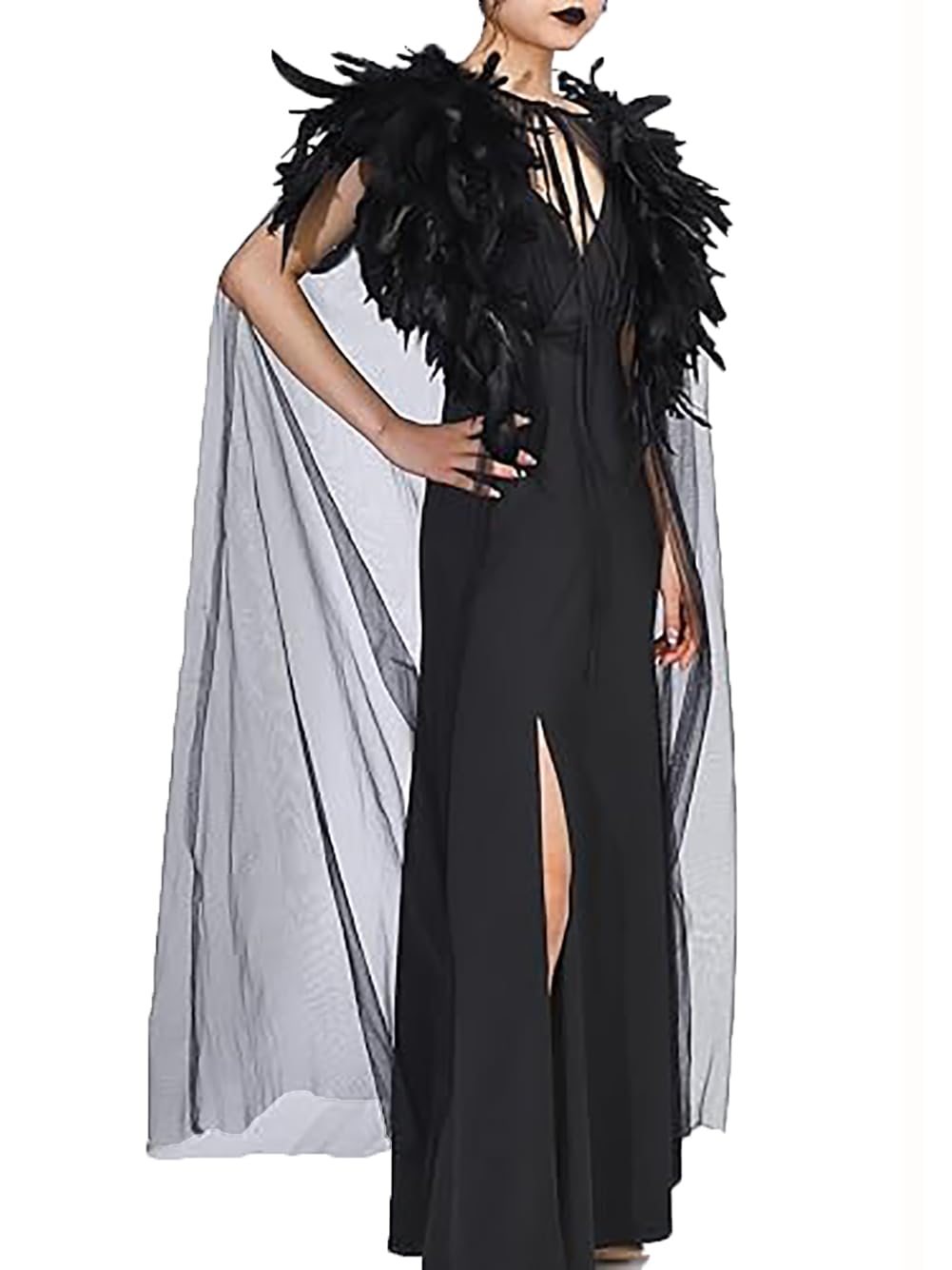 FakeFace Gothic Feather Cloak Tulle Feather Collar Cape Vampire Witches Cape Feather Long Shawl Cloak for Halloween Cosplay Role Play Costume (Black, one Size)