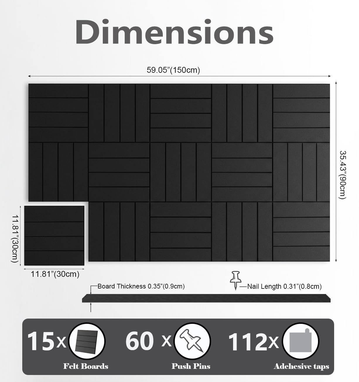 G Gamit Large Felt Wall Tiles Bulletin Board 59”x36”,Large Cork Board Alternative with 60 Pushpins, 15-Pack Felt Pin Board with 112 Safe Removable Adhesive Tabs for Home Office School (Black)