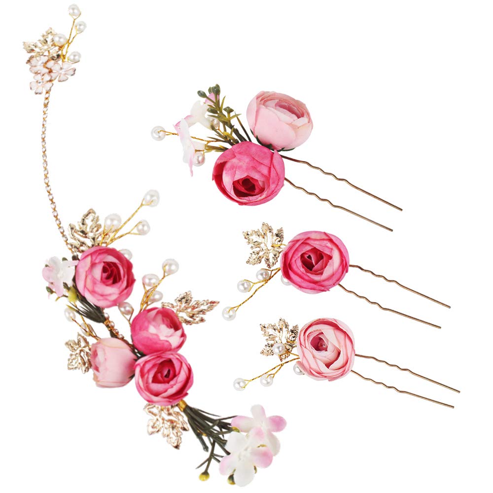 4 Pcs Bridal Hair Pins, Rose Floral Hair Clips, Pearl Rhinestone Hair Piece, Hair Accessories for Wedding
