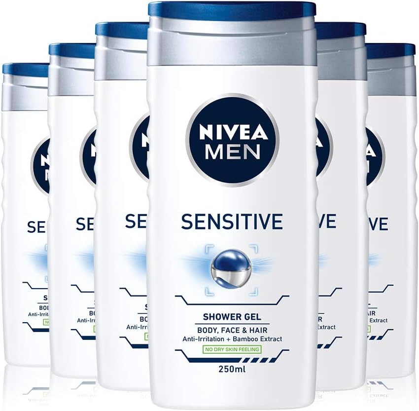 NIVEA MEN Sensitive Shower Gel Pack of 6 (6 x 250 ml), Alcohol-Free Sensitive Skin Body Wash