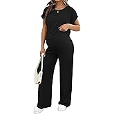 BLENCOT Maternity Clothes Ribbed Short Sleeve Maternity Pajamas Sets Sleepwear Lounge 2 Piece Matching Outfits Set