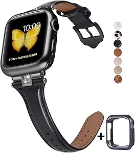 JSGJMY Slim Leather Bands Compatible with Apple Watch 38mm 40mm 42mm 44mm Women Top Grain Leather Strap with Diamond Rhinestone for iWatch SE/Series 6/5/4/3/2/1 (Black/Black, 42mm/44mm)