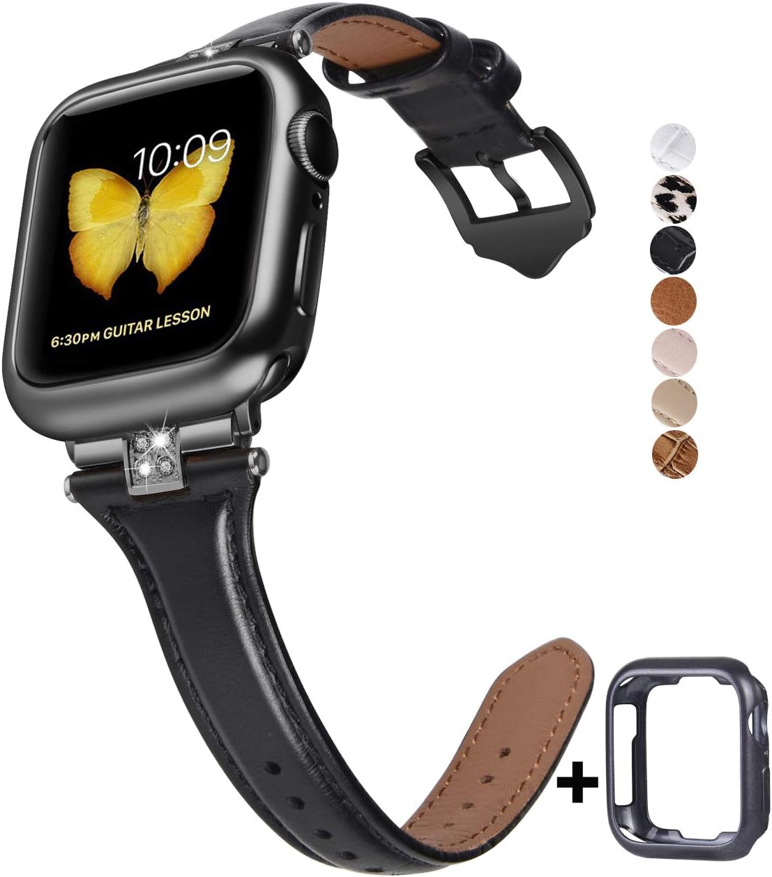 JSGJMY Slim Leather Bands Compatible with Apple Watch 38mm 40mm 42mm 44mm Women Top Grain Leather Strap with Diamond Rhinestone for iWatch Series 5/4/3/2/1 (Black/Black, 38mm/40mm)