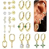 LOYALLOOK 11Pairs Gold Hoop Earrings for Women-Hypoallergenic Surgical Steel Earrings 14K Gold Plated Cartilage Earring Sets for Multiple Piercing Trendy Earring Stacks Flat Back Stud Hoops