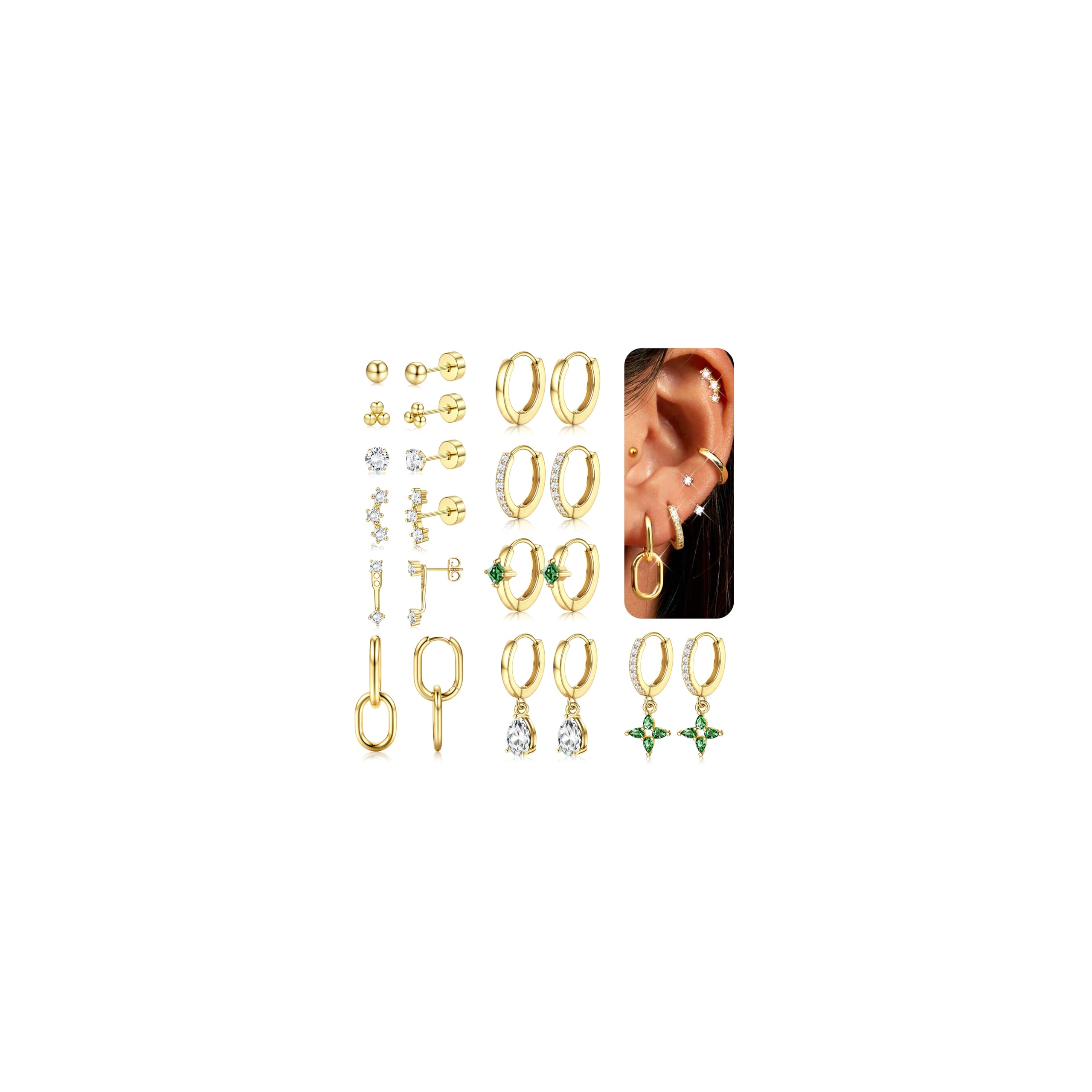thumbnail image 2 of Gold Hoop Trendy Gold Huggie Dainty Earring Stacks 14K Gold Hoop Earrings Hypoallergenic Earring Sets For Multiple Piercing Flat Back Stud Huggie Cartilage Earrings Jewelry Gifts Gold Plated Earrings Earrings For Women 2 of 9