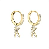 14K Gold Plated Cubic Zirconia Initial Earrings Delicate Small Hoop Earrings Hypoallergenic Letter Earrings for Women