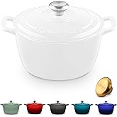 ROSSALLINI Signature Enameled Cast Iron Dutch Oven, Non-Stick Serving Pot with Tight Fitting Lid for Perfect Roasting, Baking, Sauteing, and Bread Making | 5.5Q (5.2L) - White