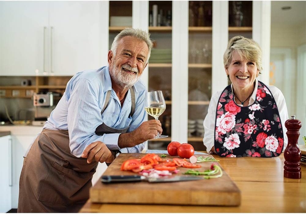 Vlokup Adult Bibs for Eating Women & Men, 3 Pack, Waterproof Mealtime Clothing Protector for Elderly, Optional Crumb Catcher, Adjustable Snaps, Reuasale Washable, Rose & Lips: Health & Personal Care