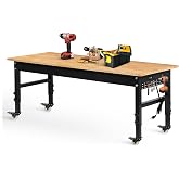 Betterhood 70" Adjustable Workbench on Wheels, 2000 LBS Heavy Duty Work Table with Power Outlets &amp; Pegboard, Rubber Wood Workstation for Garage, Workshop, Office, Home, Commercial