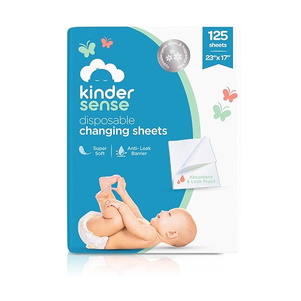 KINDERSENSE® DISPOSABLE CHANGING SHEETS FOR BABY DIAPER (125 SHEETS) | THIN PORTABLE CHANGING PAD LINERS (23″ X 17.5″) | PAPER TOP LAYER – WATERPROOF BOTTOM LAYER | LEAK PROOF INFANT CHANGING MAT