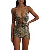 LXUAMR Sexy Jumpsuits for Women Leopard Print Cut Out Halter Jumpsuit Bodycon Backless Jumpsuit Shorts Going Out Outfits