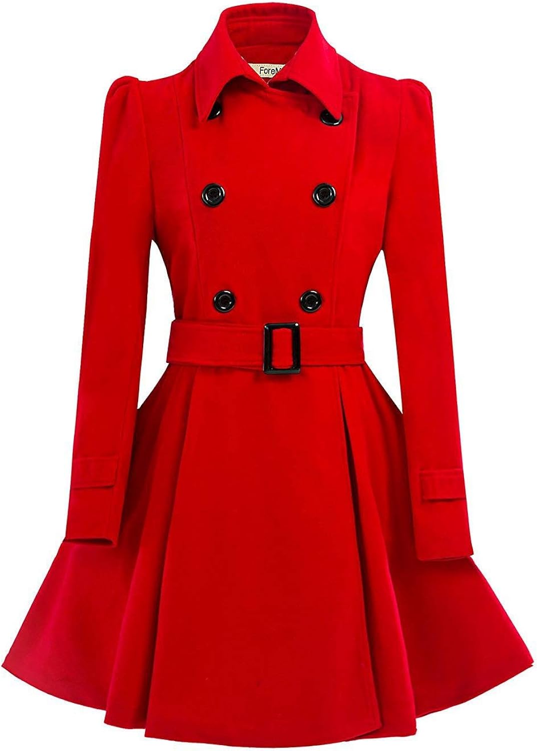 ForeMode Women Swing Double Breasted Wool Pea Coat with Belt Buckle