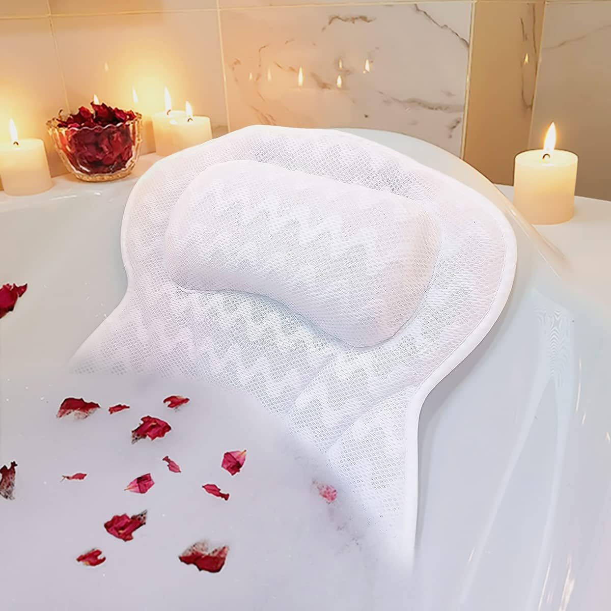 ADOV Luxury Bath Pillow, Non-Slip Comfortable Bathtub Pillow with 6 Suction Cups, Ergonomic 4D Air Mesh Headrest Cushion for Head, Shoulder, Neck and Back Support Home Spa Hot Tub Jacuzzi (White)
