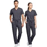 allheart Unisex Scrub Sets for Men &amp; Women V-Neck Top with Scrub Pant | 6 Functional Pockets, Layered Top, Mid Rise Pant, Pull-on Comfort Waistband, Coordinated Scrub Set, Comfortable Everyday Fit