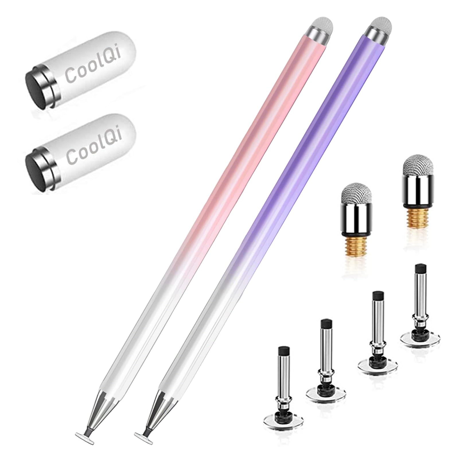2 pcs Stylus Pens for Touch Screens, 2 in 1 High Precision Universal ipad Pen,Stylus Pen for iPad/iPhone/Android/Microsoft Tablets, Compatible with All Touch Screens with 6 Tips(Purple/Pink)