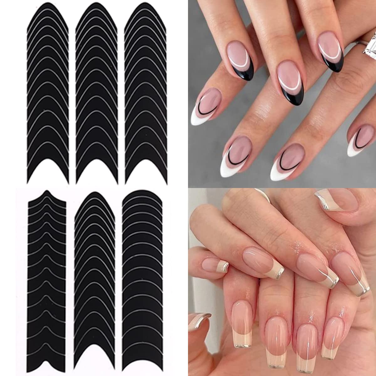 Fcozpjk French Tip Nail Stickers 6 Sheets Self-Adhesive Nails Sticker French Tips Guides Tool Wave Lines Nails Tape for Nail Art Airbrush Stencils Set