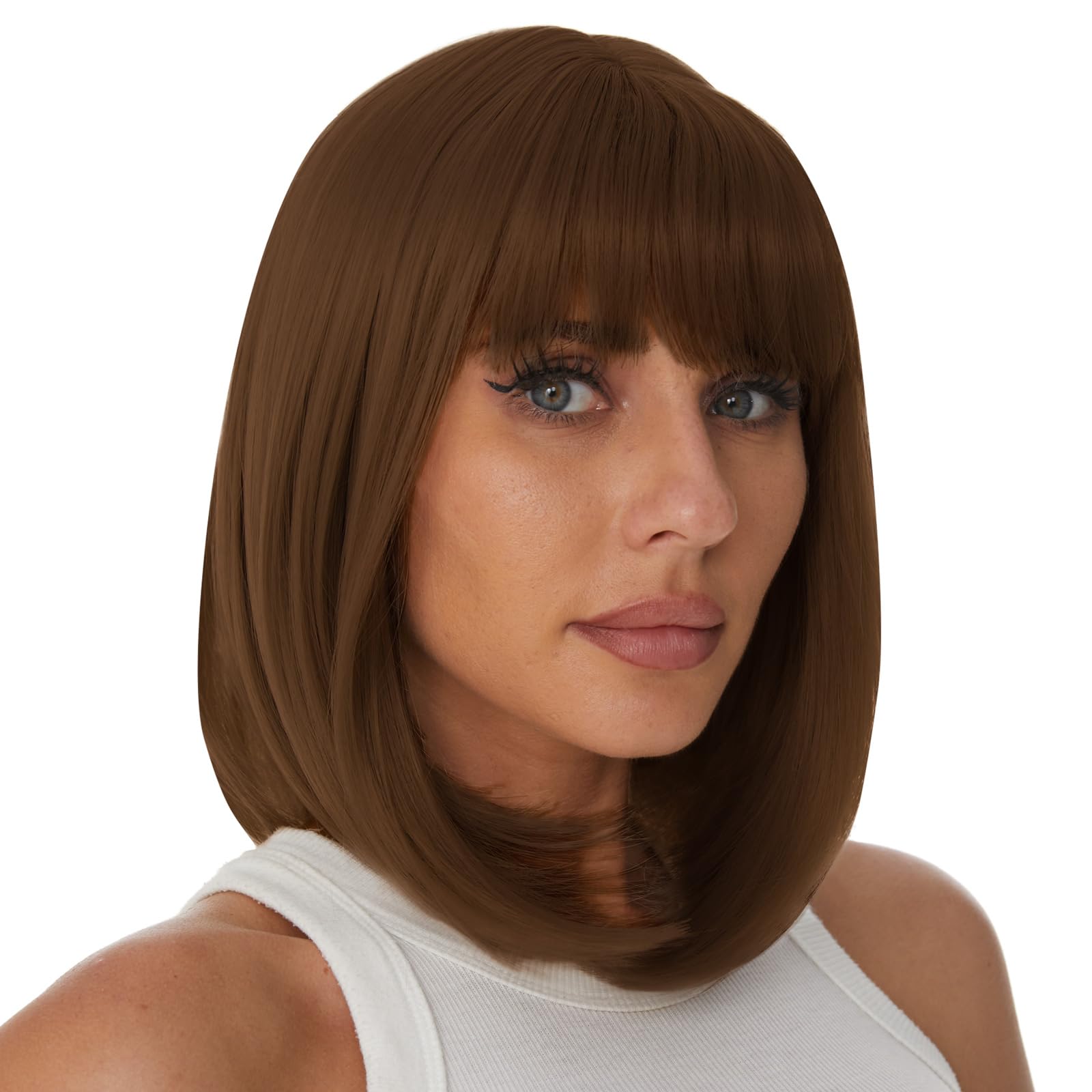 Photo 1 of Onpep Short Straight Bob Wigs with Air Bangs Honey Brown Wig for Women Shoulder Length Heat Resistant Fiber Hair Wigs