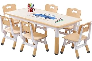 JIAOQIU Kids Table and Chairs, Kids Table (6 Chairs) Kids Table and Chair Set, Toddler Table and Chairs, Kids Table and Chair Set 5-8 Year Old with 4 Leg Covers +12 Color pens