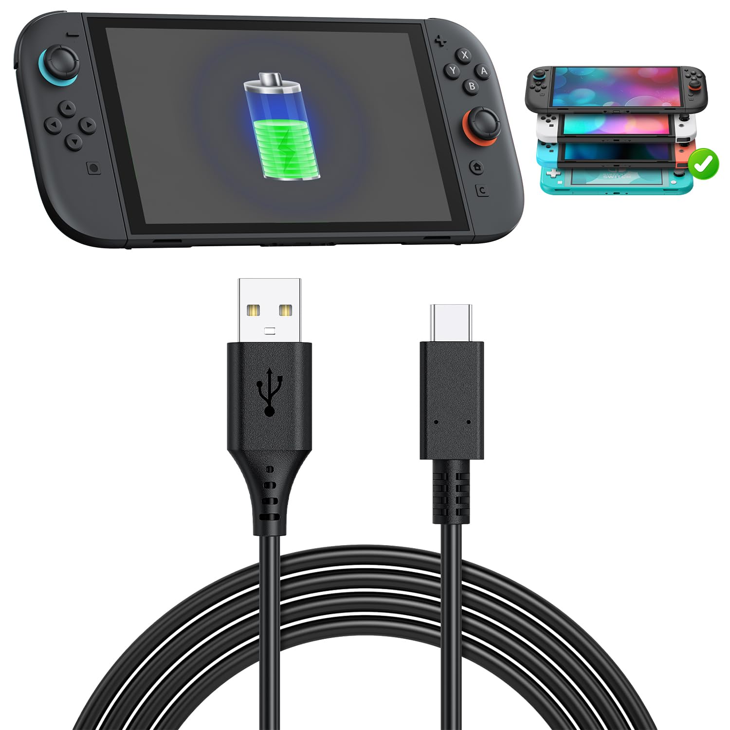 Charging Cable for Switch 2/Switch Lite/Switch OLED, Charger for Switch and Switch Lite, for Samsung Galaxy S9 S8 Note 8 and Other USB C Cable (9.8ft) Black