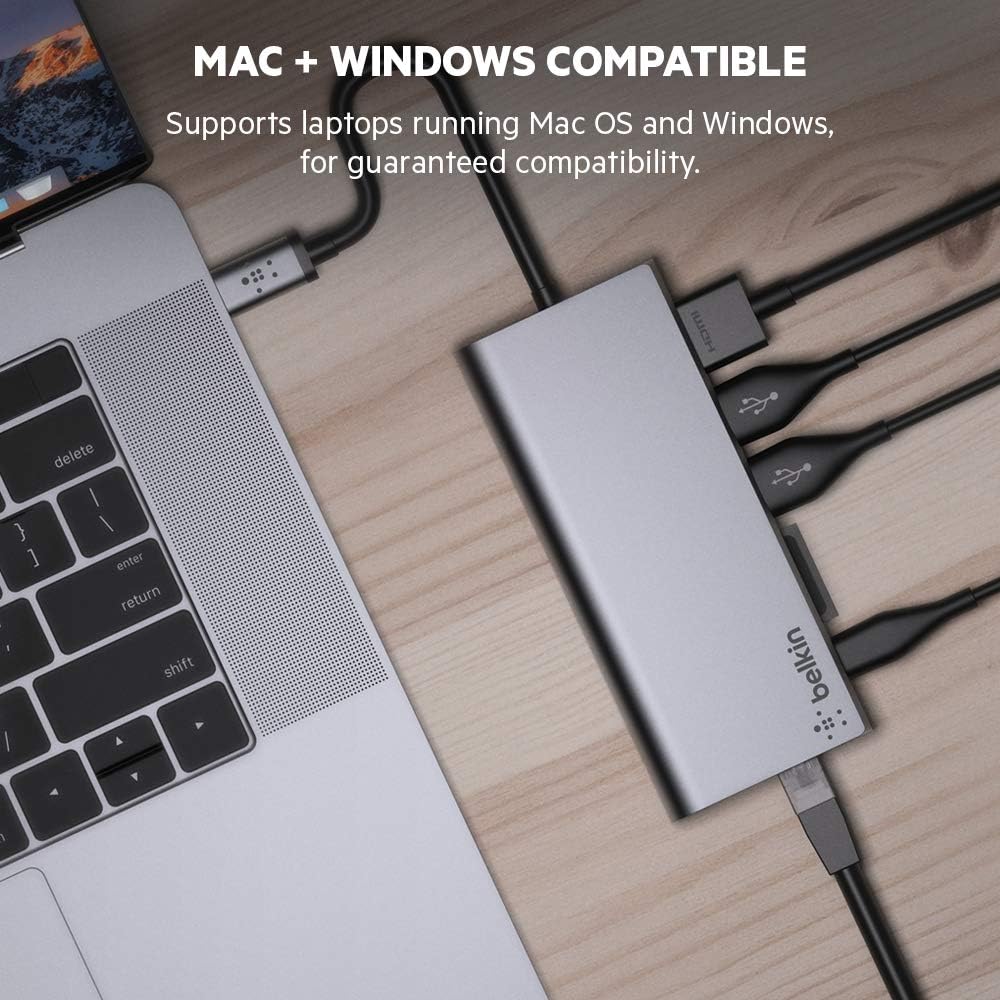 Belkin USB-C Hub with Tethered USB-C Cable (USB-C Dock for MacOS and Windows USB-C Laptops): Computers & Accessories
