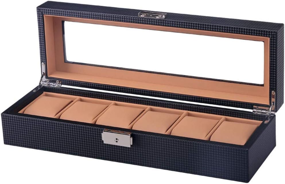Black Carbon Fiber Pattern Watch Box Display Stora Jewelry Display Storage Boxes With Glass Top And Removal Storage Pillows Gift Box Watch Box Wooden 6 Slots Watch Casefor Men Women Birthday Valentine