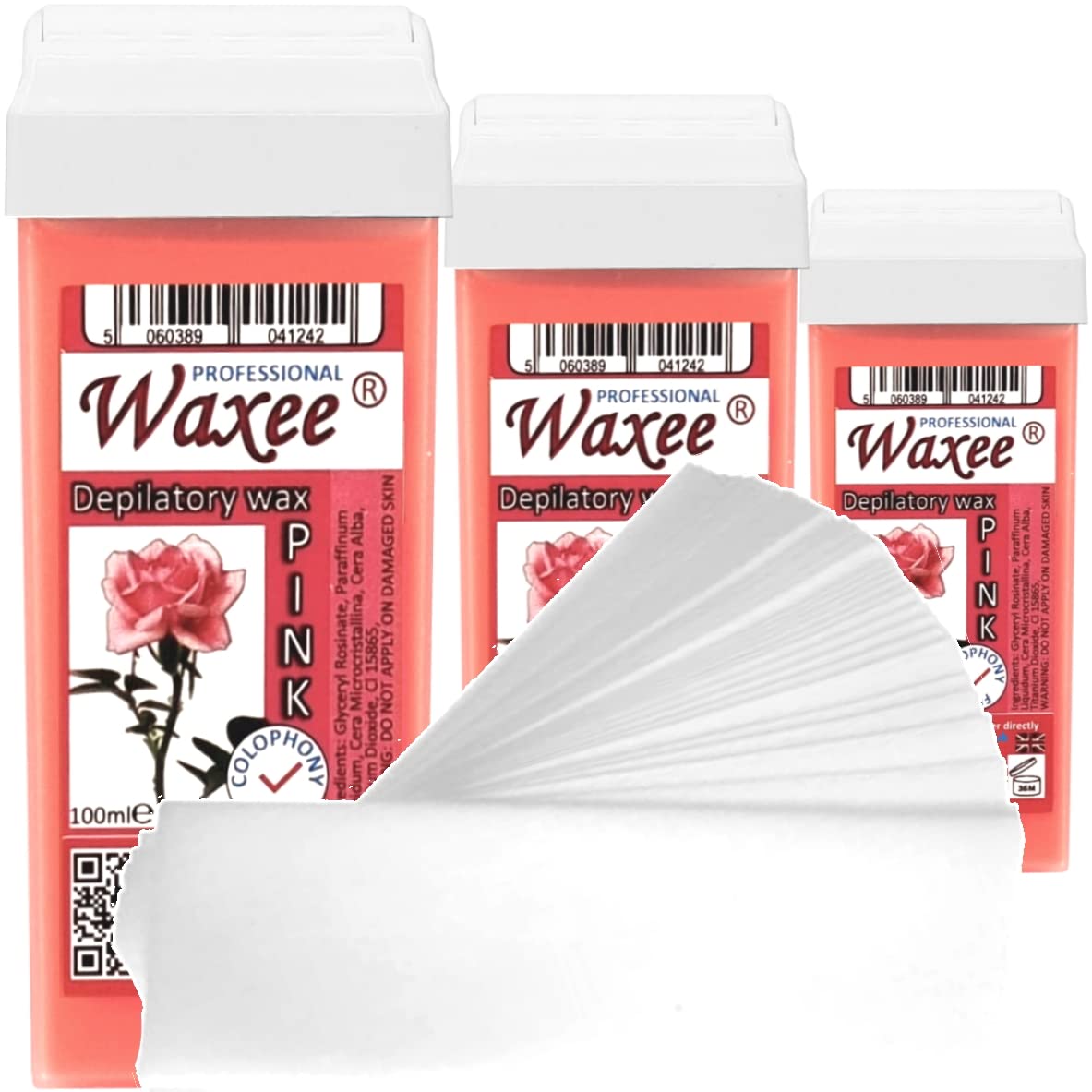 Roll on wax refill, roller wax cartridge 100ml soft wax x 3 pcs + waxing strips 50pcs from UK brand- Waxee! (Pink.)