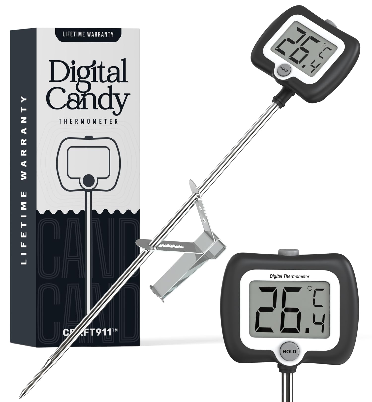 Photo 1 of Digital Candy Thermometer with Pot Clip, Instant Read Kitchen Thermometer for Cooking, Baking, and Candy Making – 10" Stainless Steel Probe, LCD Display, Essential Baking Tool (Black)