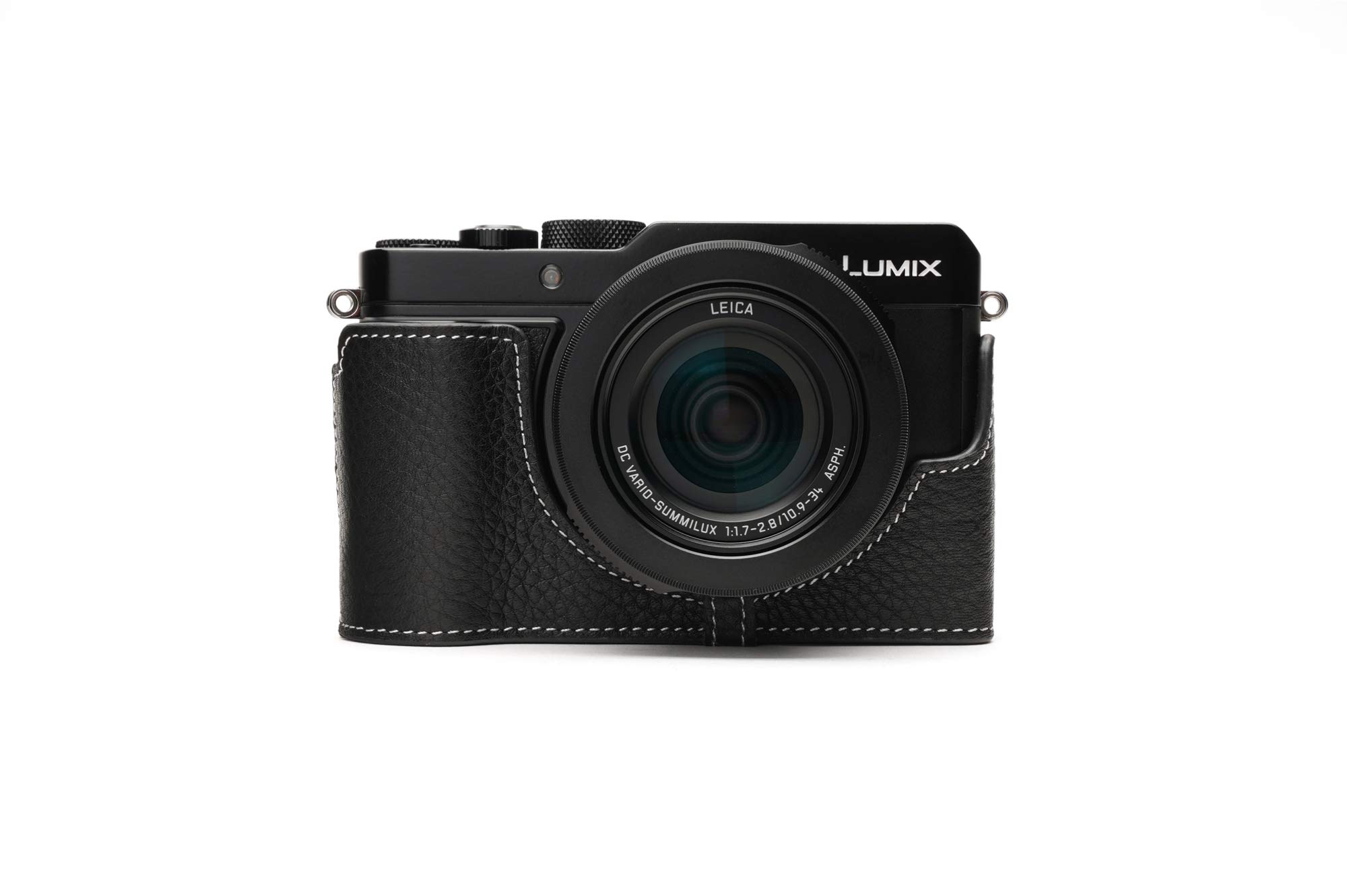 LX100 II Case, Zakao Handmade Genuine Real Leather Half Camera Case Bag Cover for Panasonic Lumix DC-LX100 II Bottom Opening Version with Hand Strap (Black)