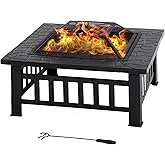 FDW Outdoor Fire Pit for Wood 32" Metal Firepit for Patio Wood Burning Fireplace Square Garden Stove with Charcoal Rack, Poke