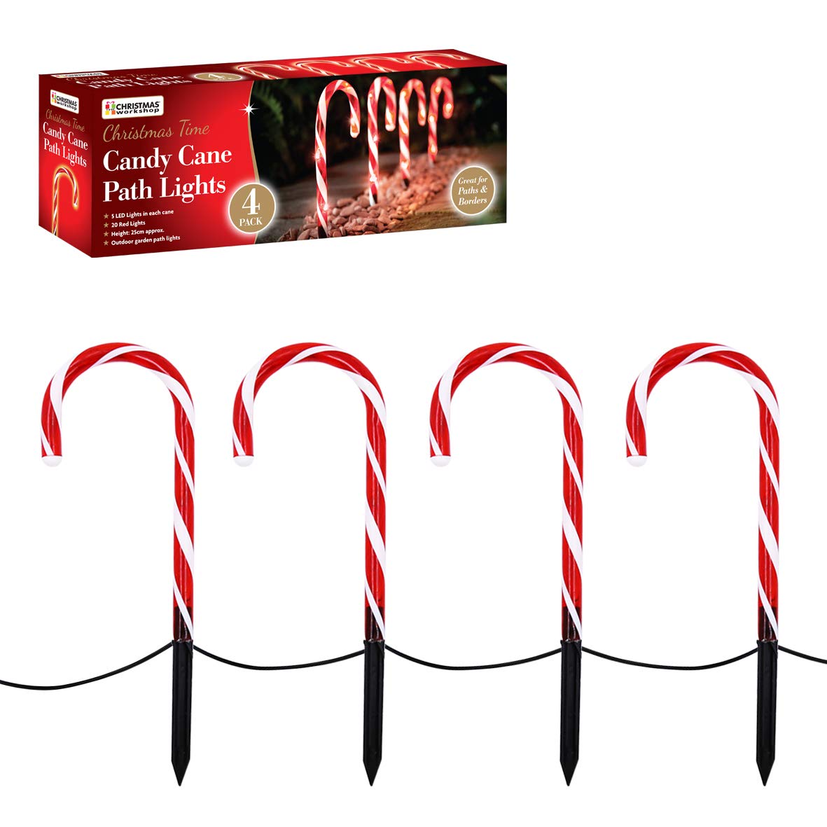 The Christmas Workshop 70359 Red & White Outdoor Christmas Candy Cane Decorations | 25cm Tall Stake 4 Pack | 40 LED Light Bulbs, 1