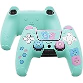 PlayVital Cute Bear Controller Silicone Case for ps5, Kawaii Controller Cover Compatible with Charging Station, Gamepad Skin Protector for ps5 with Touch Pad Sticker & Thumb Grips - Green & Pink