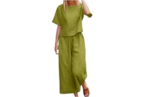 Beccgirl Women Linen Sets 2 Piece Outfits Summer Half Sleeve Irregular Hem Top Elastic Waist Loose Pants Lounge Matching Set