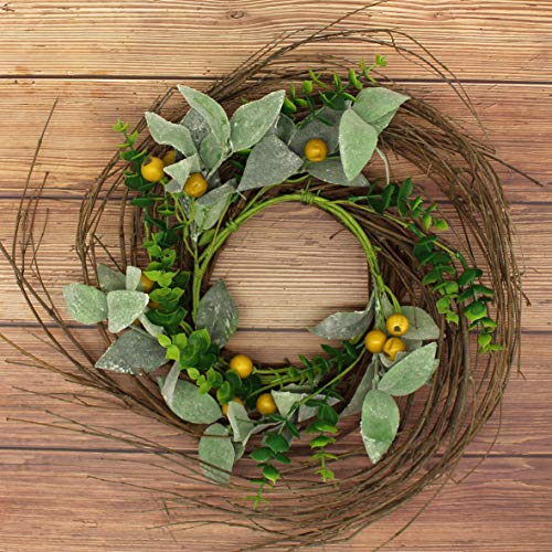 CVHOMEDECO. Rustic Country Artificial Lambs Ear/Boxwood and Twig Wreath, Year Round Full Green Wreath for Indoor or Outdoor Display, 14-Inch - Thumbnail 3