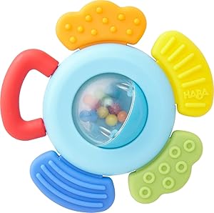 HABA Clutching Toy Blossom - Plastic Rattle with 4 Teething Elements with Different Textures - Ages 6 Months +