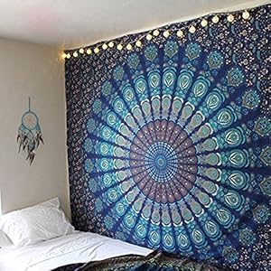 GCS Blue Turquoise Tapestry Mandala Wall Hangings, Indian cotton Beach Throw Blanket, Hippie Tapestries Boho Décor Bohemian Bedding,Twin Bedspread 140×210 cms Yoga Meditation Mat Rugs