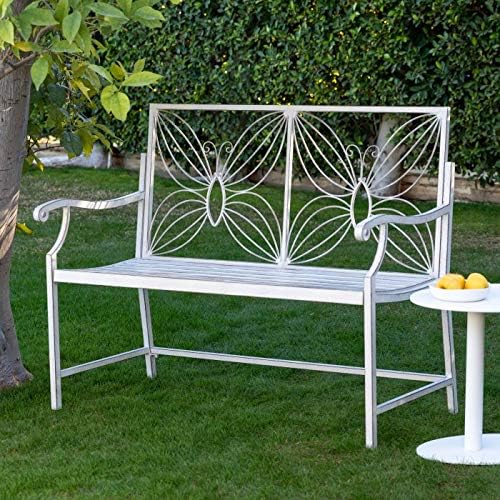 Shabby Chic Antiqued White Butterfly Metal Garden Bench Outdoor Patio Porch Seating