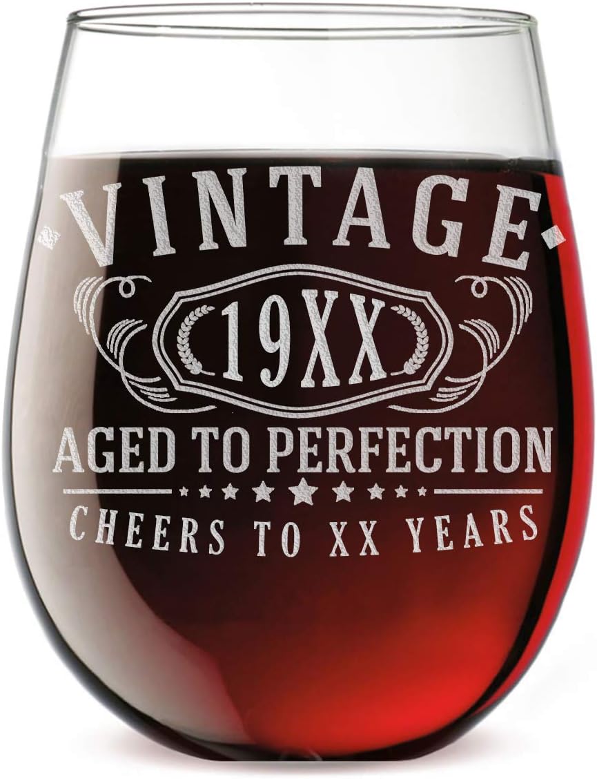 Custom Age Etched Birthday 17oz Stemless Wine Glass Vintage Aged to