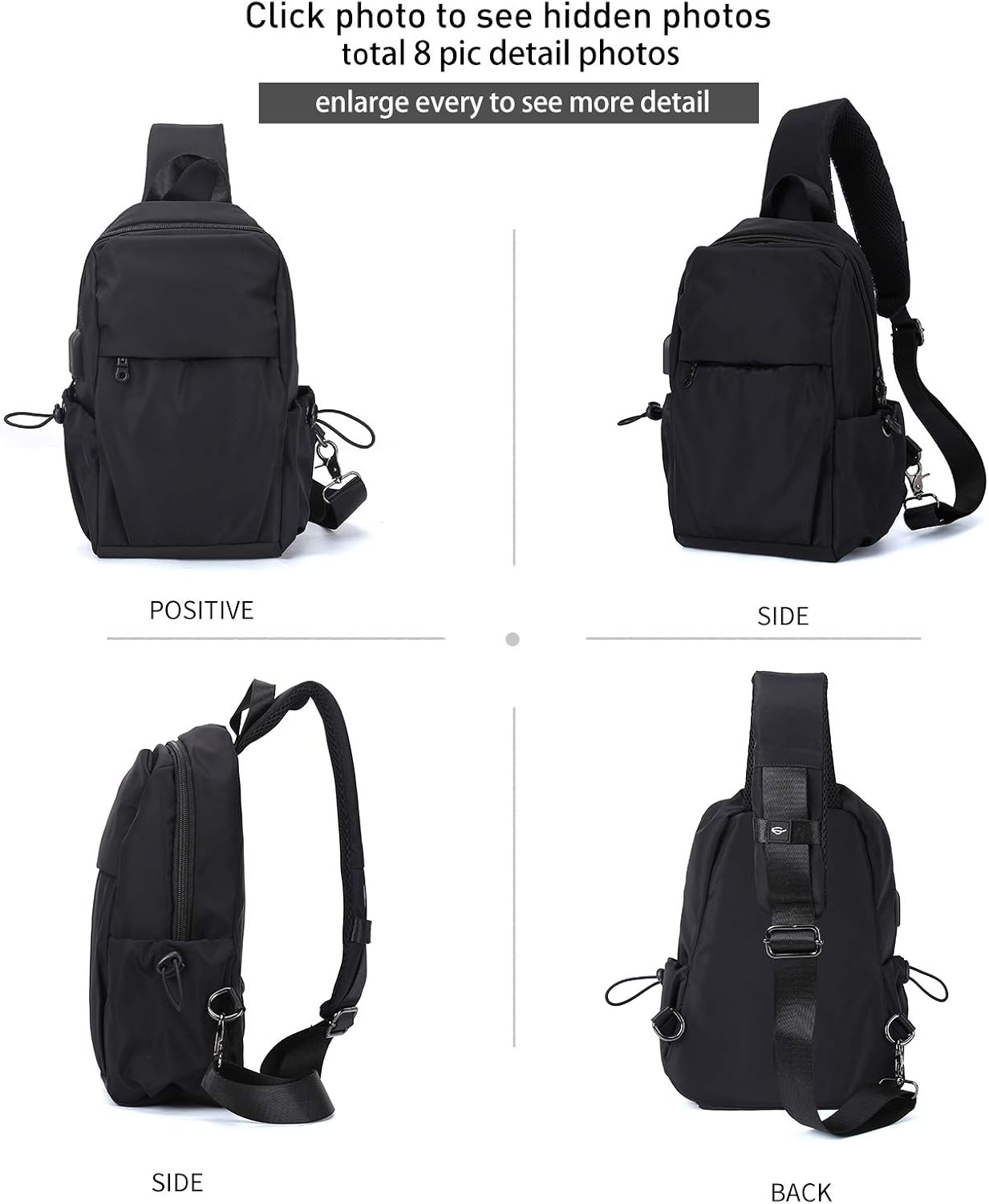Small Black One Strap Backpack Sling Bag Crossbody Backpack for Men Women, Lightweight Waterproof Sling Backpack Shoulder Bag for Hiking Walking Biking Travel Cycling USB Charger Port-Nylon: Clothing
