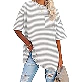 Fisoew Womens Oversized Tees Loose T Shirts Half Sleeve Crew Neck Color Block Cotton Tunic Tops