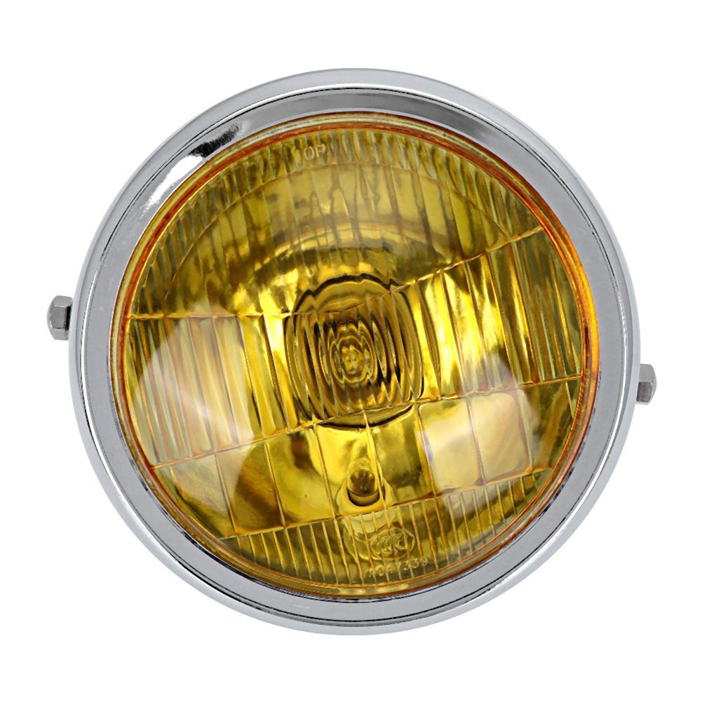 Motorcycle Front Headlight,Round Modified Retro Yellow Lens Fits for CG125 GN125(Plating)