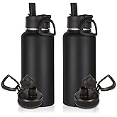 Volhoply 32oz Insulated Water Bottles Bulk 2 Pack with Straw Lid & Spout Lid,Stainless Steel Sports Water Bottle,Double Wall Vacuum Cups,Leakproof Wide Mouth Metal Flask for Hiking,Camping(Black,2)