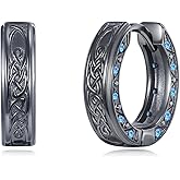 Norse Viking Earrings for Men Women 15mm - S925 Sterling Silver Black Celtic Knot Hoop Earring with Blue Stone Viking Jewelry Gifts